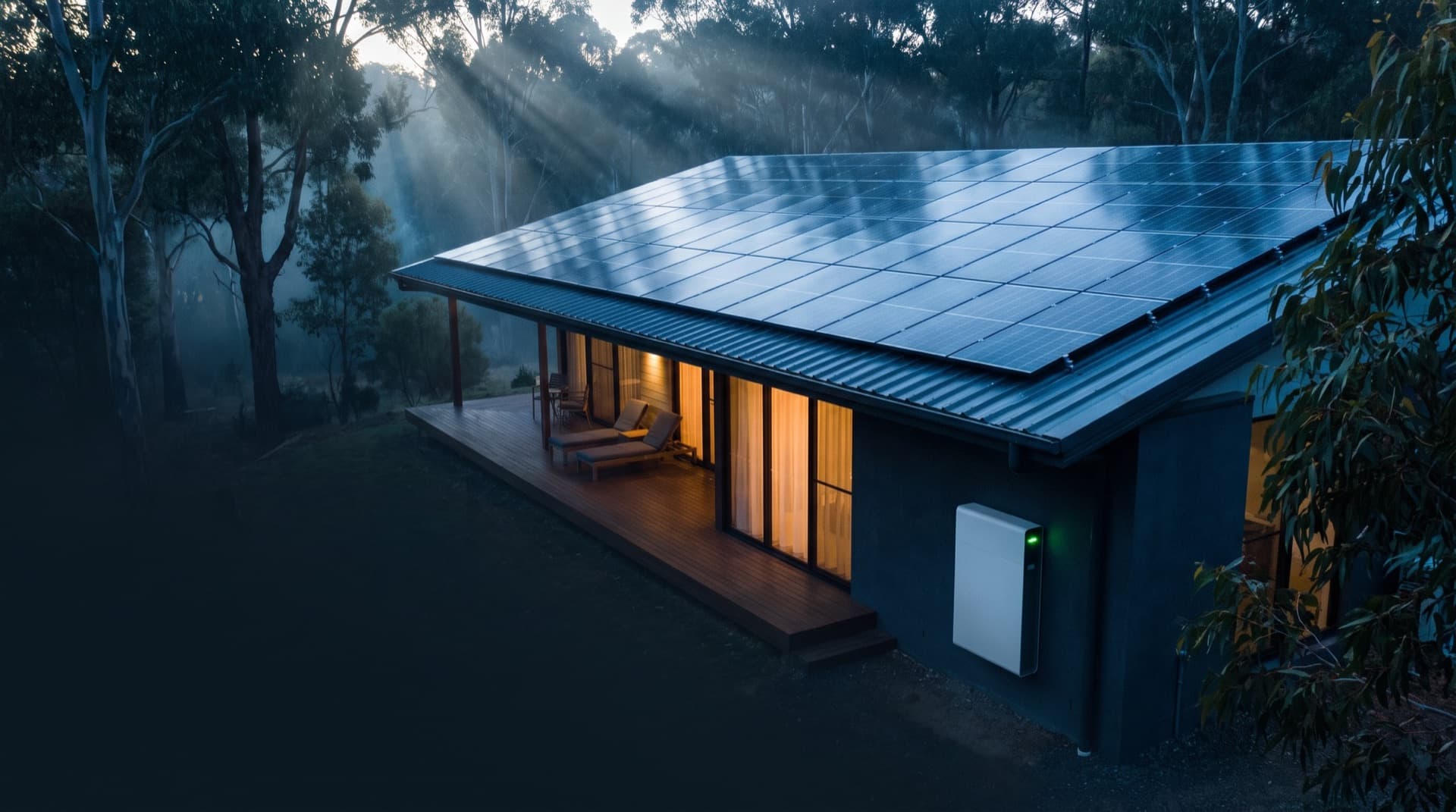 Australian home with rooftop solar panels at golden hour