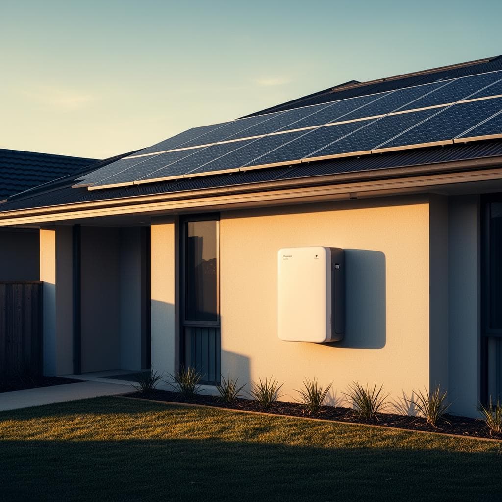 Australian home with rooftop solar panels and a wall-mounted home battery at golden hour